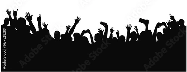Obraz Crowd silhouette, cheerful people at concert, party, silhouette of applauding crowd people