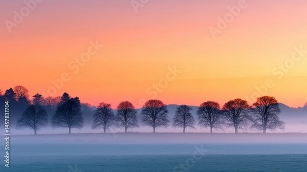 Obraz Serene Sunset Over Misty Landscape with Silhouetted Trees