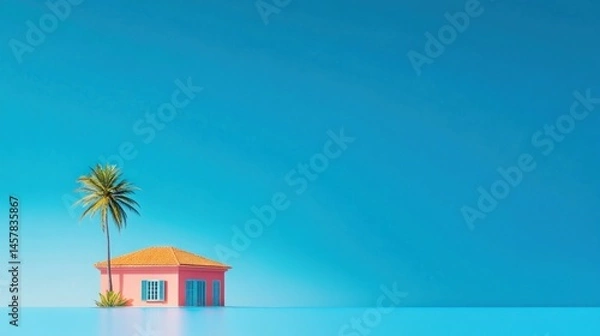 Fototapeta Pink house by the pool palm tree minimalist summer vacation tropical architecture
