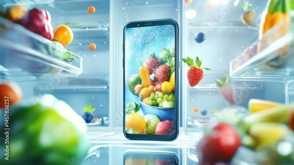 Fototapeta Fresh fruit display on cellphone in refrigerator