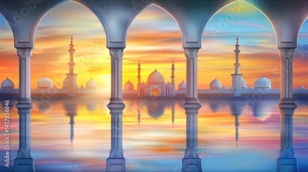 Fototapeta Serene mosque sunset reflection architectural serenity and spiritual tranquility