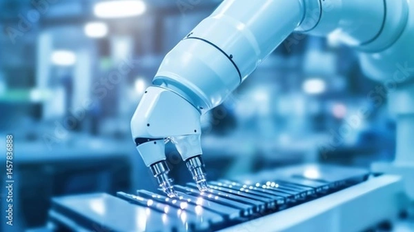 Fototapeta Robotic arm assembling parts in modern factory