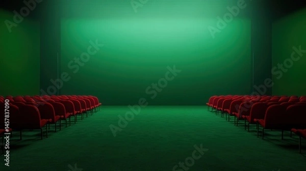 Fototapeta Empty red chairs facing green screen minimalist studio interior