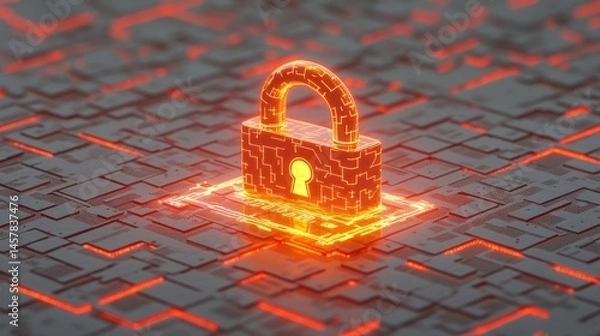 Fototapeta Glowing lock on circuit board data security
