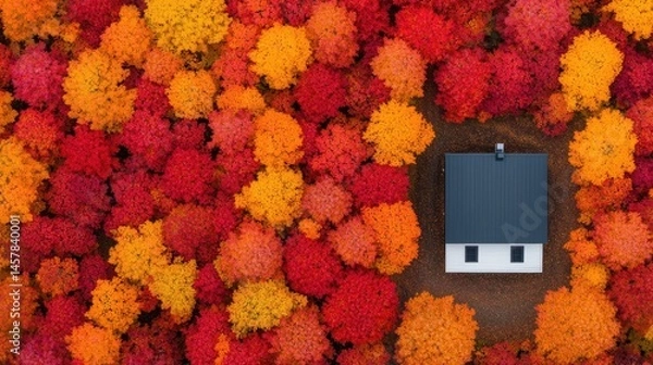 Obraz Aerial View of House Surrounded by Vibrant Autumn Foliage