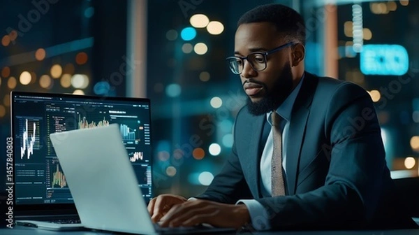 Obraz P&L Profit and Loss. CFO reviewing business document on laptop.