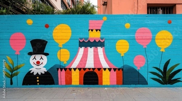 Obraz Colorful Circus Mural with Clown and Balloons on Vibrant Wall