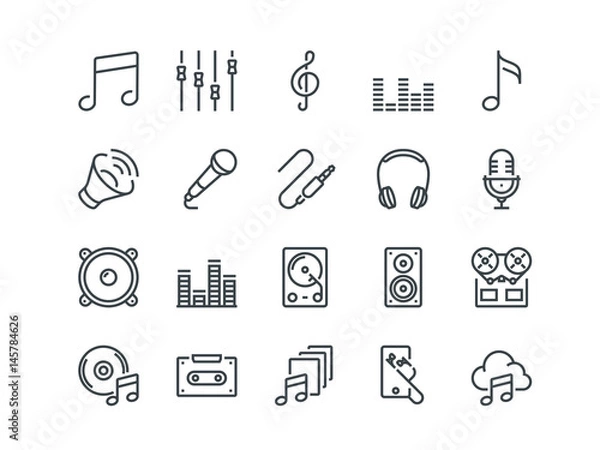 Obraz Music. Set of outline vector icons. Includes such as Headphone, Mixer, Cassette and other. Editable Stroke. 48x48 Pixel Perfect.