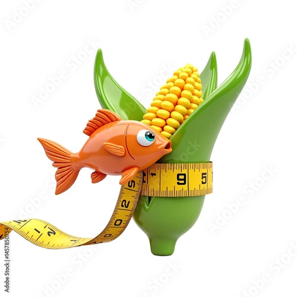 Obraz 3d cartoon corn and fish with measuring tape. concept diet, weight loss, fat loss