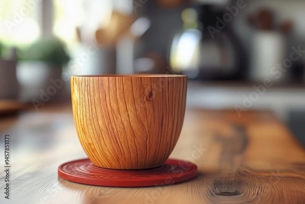 Obraz Wooden bowl resting on a red coaster on a table.