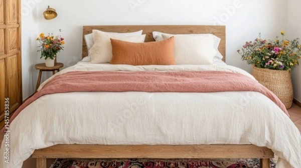 Obraz Cozy and Inviting Bedroom with Soft Bedding and Floral Accents