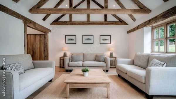 Obraz Cozy Living Room with Rustic Wooden Beams and Comfortable Sofas