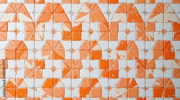Fototapeta Abstract geometric tile pattern featuring orange and white colors, creating a vibrant and artistic wall design in a modern setting