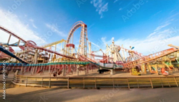 Fototapeta A blurred amusement park scene captures the essence of thrill and excitement, featuring a roller coaster against a backdrop of a bright blue sky. A blurred scenery to be used as background.