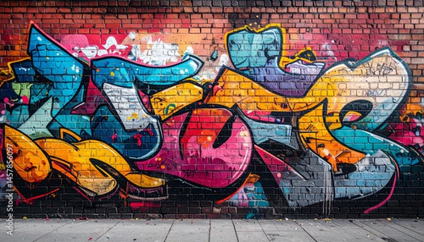 Obraz Vibrant and chaotic street graffiti mural on a large urban brick wall, filled with colorful 