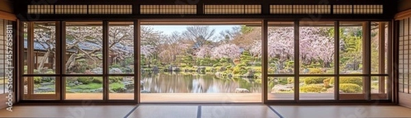 Obraz Framed view of a Japanese garden with cherry blossoms from within a traditional room soft diffused lighting highlighting the peaceful and serene atmosphere
