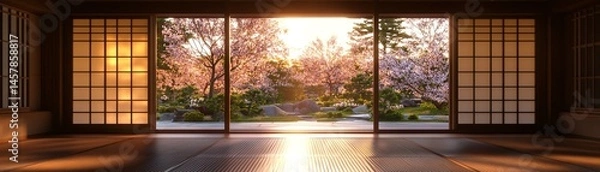 Obraz Framed view of a Japanese garden with cherry blossoms from within a traditional room soft diffused lighting highlighting the peaceful and serene atmosphere