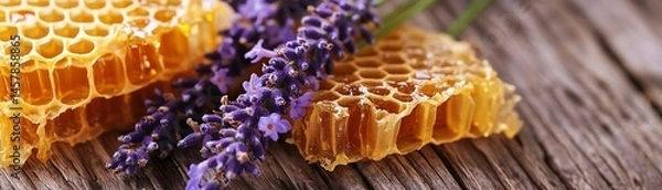 Obraz Fresh honeycomb with lavender flowers on a weathered wooden surface closeup shot in natural light capturing the rich golden hues and textures