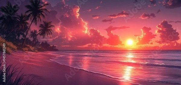 Fototapeta Crimson Sunset Paradise: Tropical Beach at Dusk