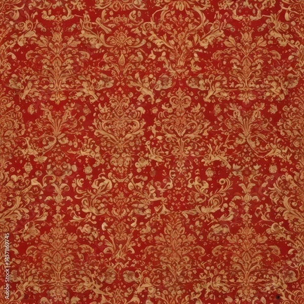 Fototapeta Intricate red & gold damask, regal seamless vector pattern ,  wallpaper,  rich