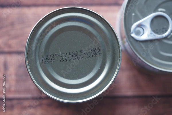 Obraz Cans with expiration dates and production codes on wooden surface
