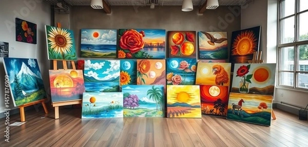 Obraz Paintings arranged on studio floor, diverse styles and colors, design, artist