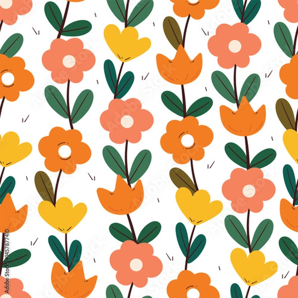 Fototapeta seamless pattern cartoon flowers and leaves. cute botanical wallpaper and pattern for gift wrap paper