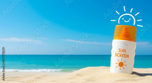 Fototapeta A white sunscreen bottle with bold orange cap and a label saying "Sun Screen" with a big sun icon chillin' in sandy beach background