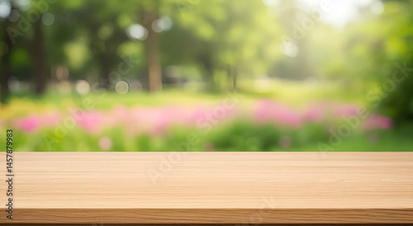 Obraz Empty wood table top with abstract blur park garden background. outside, template, autumn, old, landscape