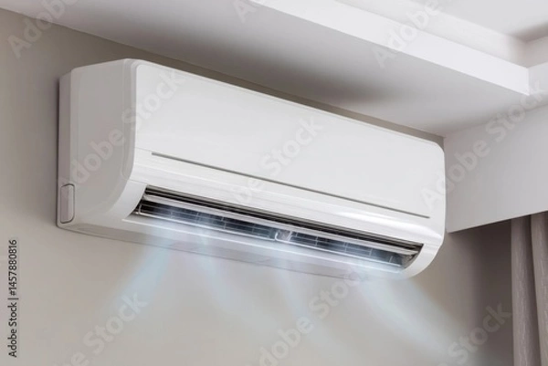 Obraz A white air conditioner unit mounted on a wall, blowing cool air into a room, providing comfort on a hot day.