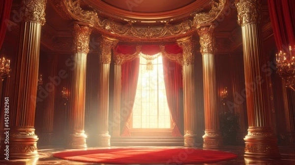 Fototapeta Luxurious red interior, columns,  window