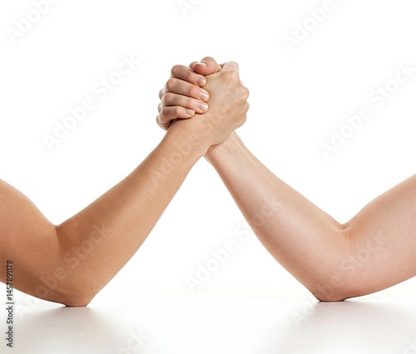 Fototapeta Forearms and Interlocked Hands: A Close-Up Depicting Two Individuals in a Potential Test of Strength or a Moment of Shared Connection Against a White Background