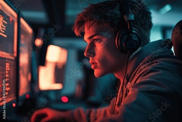 Fototapeta A 911 call center with headsets and monitors lighting up. A teen visitor is watching a dispatcher take a call and log the details. The mood is fast and serious