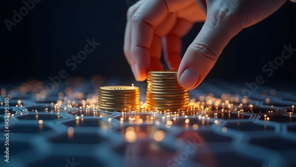 Fototapeta Organizing Coins on a Digital Hexagonal Grid - Financial Growth Concept