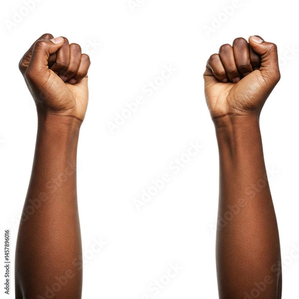 Obraz Raised black hands Fist: A Close-Up of an Arm Extending Upward with a Clenched Fist, Isolated on a White Background, Symbolizing Strength