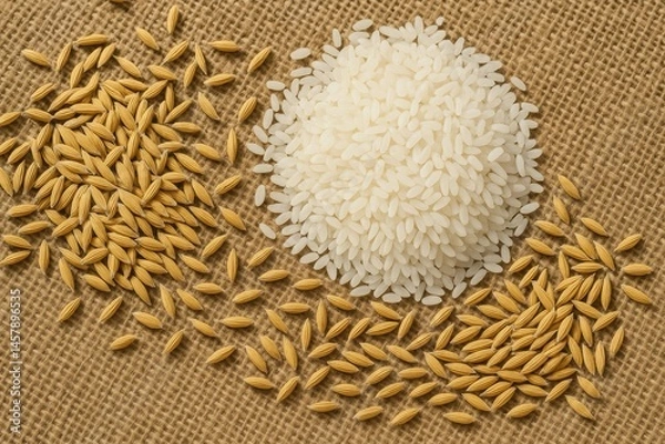 Fototapeta White and Brown Rice with Small Pasta on Burlap Background