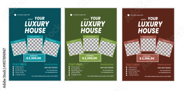 Fototapeta  a bundle of 3 templates house sale flyer design, in blue color, and modern design,marketing,medical proposal, promotion, advertise, publication and editable vector template design.