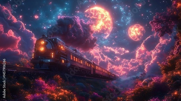 Fototapeta Cosmic inspired nature with glowing train ride high resolution backgrounds