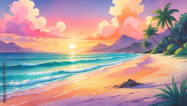 Fototapeta Vibrant Tropical Beach at Sunset with Soft Pastel Hues