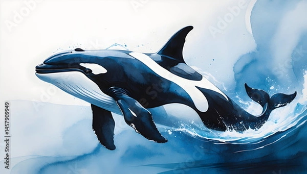Fototapeta Watercolor Painting of an Orca Whale in Motion