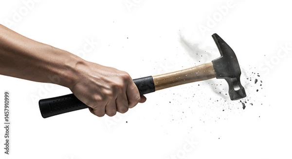 Fototapeta Hand wielding a claw hammer with debris flying from impact