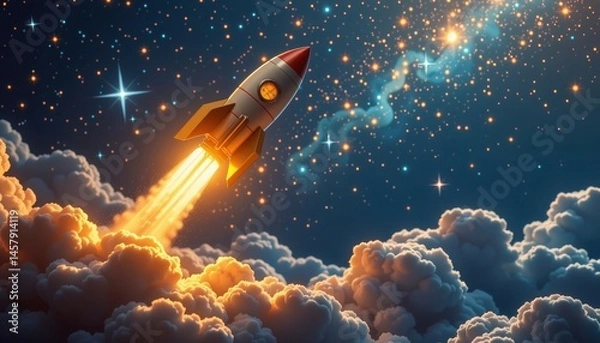 Obraz Safety financial progress concept. Rocket launching through clouds in a starry night sky.