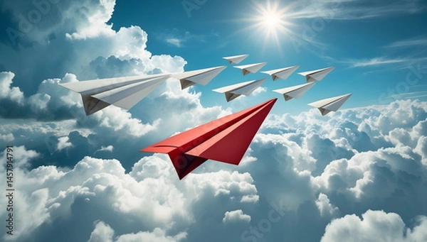 Fototapeta Red Paper Plane Leading the Way in a Sky Full of White Paper Planes