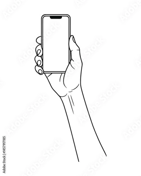 Fototapeta Hand holding a modern smartphone device line art drawing style