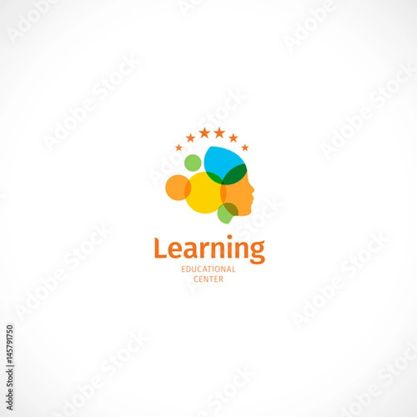 Fototapeta Isolated abstract colorful female face profile logo, educational center logotype with word learning on white background vector illustration