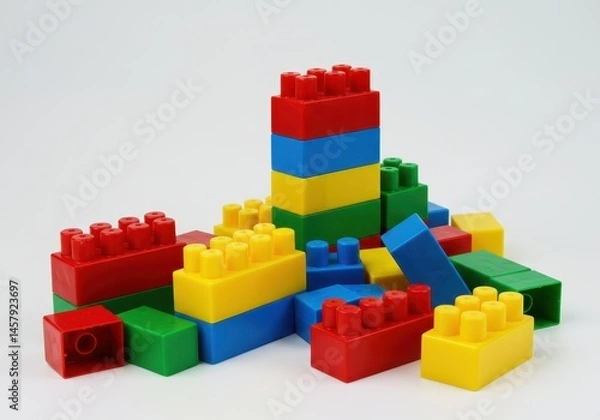 Fototapeta Colorful Plastic Building Blocks Toy Set Fun Kids Playtime Educational red toys game blue child