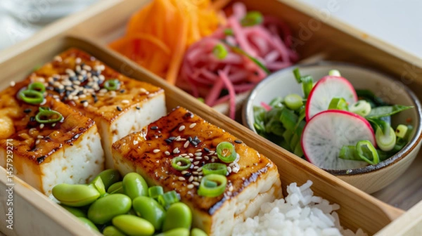 Obraz Traditional Japanese Vegan Bento Box with Rice, Tofu, and Seasonal Vegetables in Compartment Tray