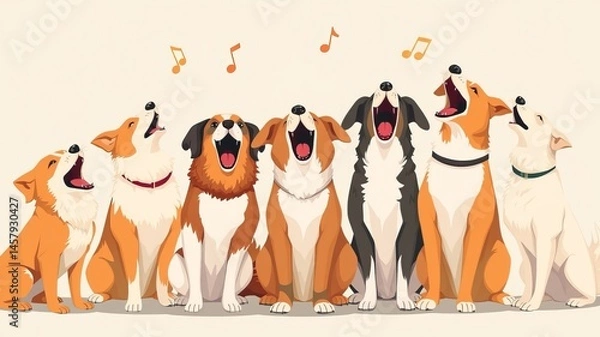 Fototapeta A cheerful group of diverse dogs sing together joyfully in a whical cartoon illustration with musical notes floating above.