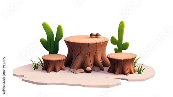 Fototapeta Imaginary tree stump cafe with acorn seats in a soft style