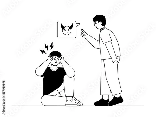 Obraz Bullying and malicious comments that cause social pressure experienced by school children. Social issue vector illustration. Black and white style. Flat and outline illustration concept.